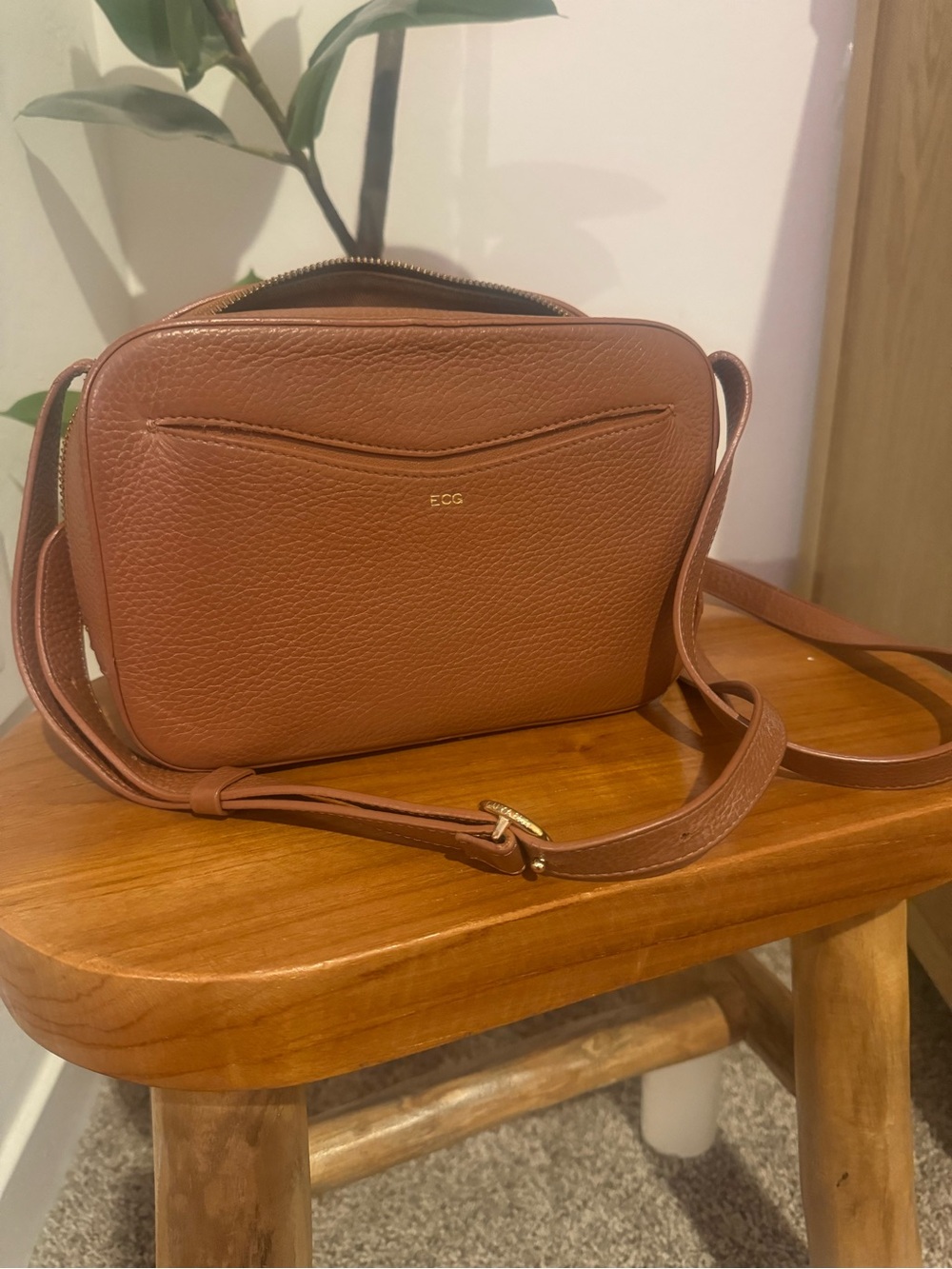 Cuyana Tan Pebbled Leather Crossbody with Gold Hardware